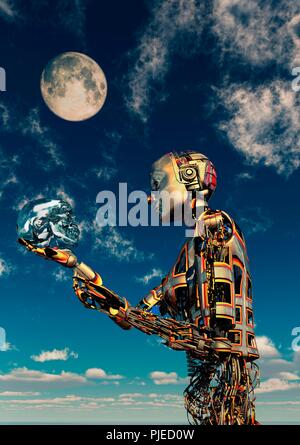 Cyborg Holding Kristallschädel Stockfoto