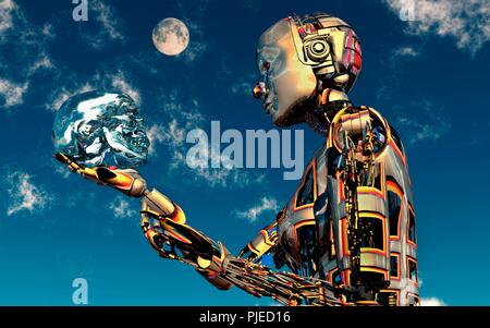 Cyborg Holding Kristallschädel Stockfoto