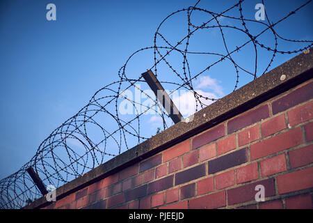 Alte und rostige Stacheldraht auf einer gemauerten Wand diagonal von Ecke zu Ecke des Rahmens Stockfoto