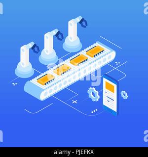 Isometrische Factory Automation, Industrie 4.0, Internet der Dinge, Vector Illustration für angeschlossene Geräte über verschiedene Symbole Stock Vektor