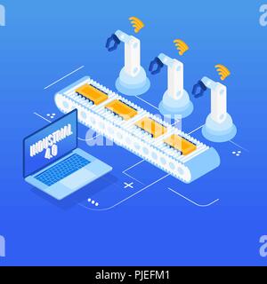 Isometrische Factory Automation, Industrie 4.0, Internet der Dinge, Vector Illustration für angeschlossene Geräte über verschiedene Symbole Stock Vektor