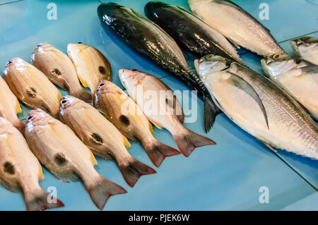 Sortierte fische Anzeige auf Zähler im Fischmarkt in Phuket, Thailand Stockfoto