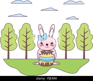 Weibliche Kaninchen mit süßen Krapfen in der Landschaft Stock Vektor