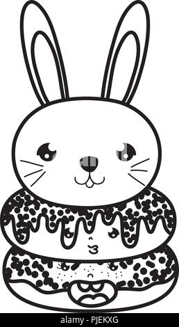 Line kawaii niedlichen Kaninchen Kopf und Donuts Stock Vektor
