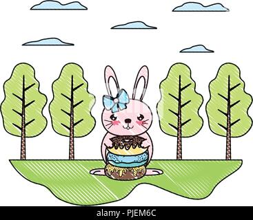 Doodle weibliche Kaninchen mit süßen Krapfen in der Landschaft Stock Vektor
