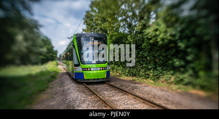 London, England - Juli 2018: Moderne Straßenbahn auf Schienen durch den Wald gehen Stockfoto