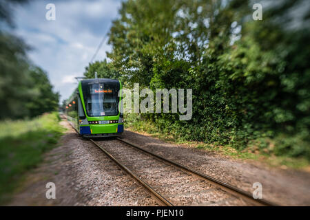 London, England - Juli 2018: Moderne Straßenbahn auf Schienen durch den Wald gehen Stockfoto