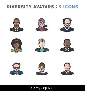 9 Avatare, die Vielfalt der Kulturen, Religionen und Nationalitäten Stock Vektor