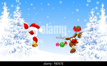 Santa Claus und ein Reh im Winter Wald vor dem Hintergrund der verschneiten Tannen. Cartoons Santa Claus und Hirsch Rudolph. Stock Vektor