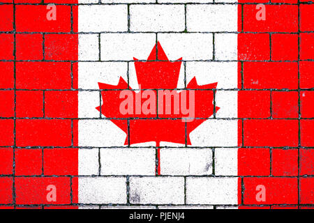 Nationalflagge von Kanada vor dem Hintergrund einer Stein bedeckt mit Moos Stockfoto