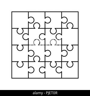 16 weißen Rätsel, Stücke, die zu einem Quadrat angeordnet sind. Puzzle Vorlage ist zum Drucken bereit. Schneiden Richtlinien isoliert auf weißem Stock Vektor