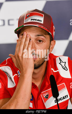 MISANO ADRIATICO (Rimini),, ITALIEN SEPTEMBER 06-2018 Andrea Dovizioso Italiens und Ducati Team spricht während der Pressekonferenz vor Ereignis während der MotoGP von San Marino e della Riviera di Rimini an der World Circuit Marco Simoncelli in Misano Adriatico - Qualifying in Silverstone am 25. August 2018 in (Foto von Marco Iorio) Credit: Marco iorio/Alamy leben Nachrichten Stockfoto