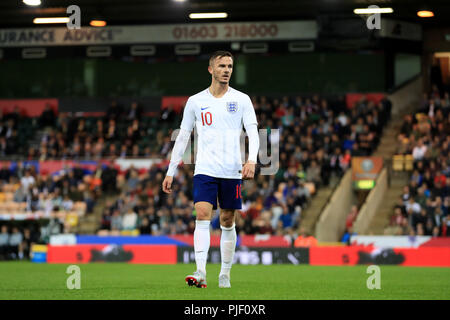 Carrow Road, Norwich, UK. 6. Sep 2018. UEFA U21 Europameisterschaft Fußball, England U21 gegen Niederlande U21; James Maddison von England U21-Kredit: Aktion plus Sport/Alamy leben Nachrichten Stockfoto