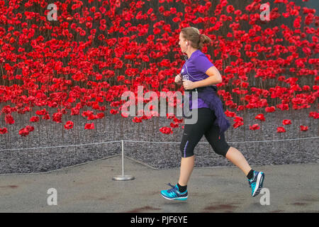 Manchester, Großbritannien. 7. September 2018. Die ikonischen poppy Skulptur Welle von Künstler Paul Cummins und Designer Tom Piper am IWM in Richtung Norden. Dies ist die abschließende Darstellung der Welle als Teil von 14-18 gedenken. Es ist das erste Mal, dass Manchester war Gastgeber eines dieser Kunstwerke. Die Installation "Blut fegte Länder und Meere der roten Mohnblumen ein originelles Konzept von Künstler Paul Cummins und Installation, der von Tom Piper. Die Installation wurde ursprünglich an der HM Tower von London, wo 888,246 Mohnblumen angezeigt wurden. Credit: MediaWorldImages/Alamy leben Nachrichten Stockfoto