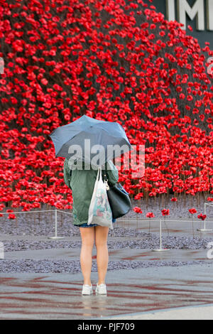Manchester, Großbritannien. 7. September 2018. Die ikonischen poppy Skulptur Welle von Künstler Paul Cummins und Designer Tom Piper am IWM in Richtung Norden. Dies ist die abschließende Darstellung der Welle als Teil von 14-18 gedenken. Es ist das erste Mal, dass Manchester war Gastgeber eines dieser Kunstwerke. Die Installation "Blut fegte Länder und Meere der roten Mohnblumen ein originelles Konzept von Künstler Paul Cummins und Installation, der von Tom Piper. Die Installation wurde ursprünglich an der HM Tower von London, wo 888,246 Mohnblumen angezeigt wurden. Credit: MediaWorldImages/Alamy leben Nachrichten Stockfoto