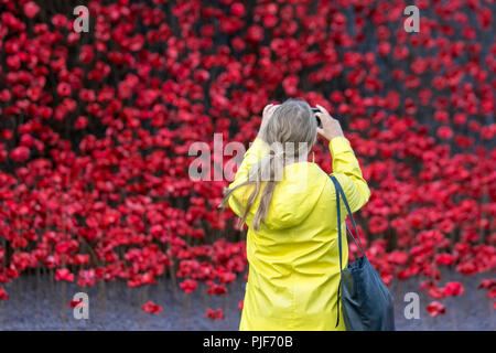 Manchester, Großbritannien. 7. September 2018. Die ikonischen poppy Skulptur Welle von Künstler Paul Cummins und Designer Tom Piper am IWM in Richtung Norden. Dies ist die abschließende Darstellung der Welle als Teil von 14-18 gedenken. Es ist das erste Mal, dass Manchester war Gastgeber eines dieser Kunstwerke. Die Installation "Blut fegte Länder und Meere der roten Mohnblumen ein originelles Konzept von Künstler Paul Cummins und Installation, der von Tom Piper. Die Installation wurde ursprünglich an der HM Tower von London, wo 888,246 Mohnblumen angezeigt wurden. Credit: MediaWorldImages/Alamy leben Nachrichten Stockfoto