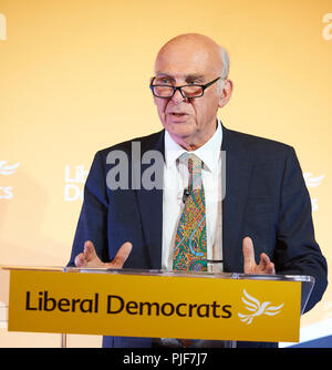 London, Großbritannien. 7. September 2018. Liberaldemokraten, Vince Cable, die Einleitung der Reformvorschläge für die Liberaldemokratische Partei der David Lloyd George Zimmer im Nationalen Liberalen Club, London. 7. September 2018. Quelle: Thomas Bowles/Alamy leben Nachrichten Stockfoto