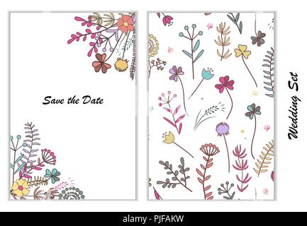 Design für die Hochzeit. Grußkarte und nahtlosen Hintergrund. Floral frame Blumenstrauß Design mit wilden Doodle wiese Pflanzen. Vector Illustration. Design Adr Stock Vektor