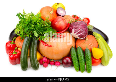 Sammlung von nützlichen Gemüse und Früchte auf weißem Hintergrund. Stockfoto