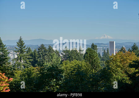 Bild von der Innenstadt von Portland Oregon mit Mt. Haube im Hintergrund. Stockfoto