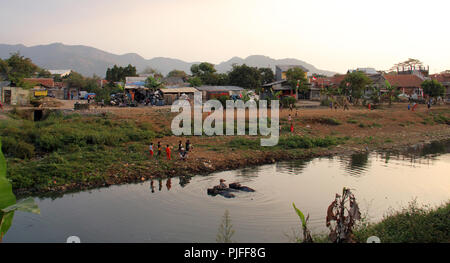 Buffalo Baden im Fluss. Bandung, Indonesien. Stockfoto