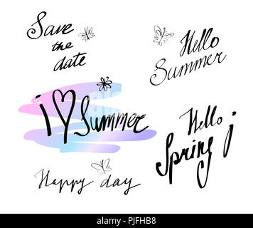 Hand gezeichnete Schrift gesetzt. Datum speichern, Hallo Sommer und Frühling, isoliert. Vector Illustration. Beschriftung design Hintergrund. Stockfoto