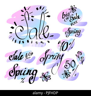 Handgezeichneten Schriftzug. Frühling Verkauf isoliert. Vector Illustration. Beschriftung design Hintergrund. Stockfoto