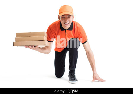 Fröhlichen Pizza Delivery person Stockfoto