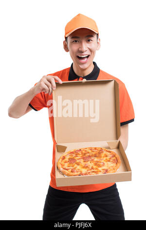 Fröhlichen Pizza Delivery person Stockfoto