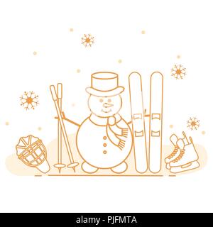 Winter im Freien genießen können. Schneemann mit Ski- und Hockey Ausrüstung. Vektor cartoon Skifahrer Symbol. Design für Werbung von aktiven Lebensstil. Stock Vektor