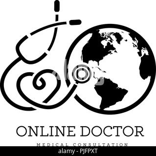 Zeichen in der Form einer Stethoskop in der Form des Herzens und der ganzen Welt. Kann als Logo für online Medizin, Telemedizin oder Tag der Erde verwendet werden. Stock Vektor
