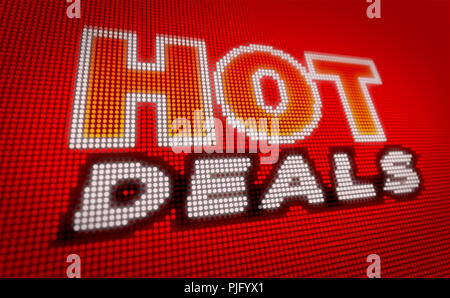 Hot Deals vertrieb Glühlampen Billboard. Moderne neon Banner auf LED-Display. Werbung für saisonale Angebot Konzept. Stockfoto