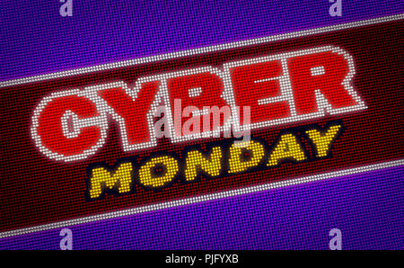 Cyber Monday vertrieb Glühlampen Billboard. Moderne neon Banner auf LED-Display. Werbung für saisonale Angebot Konzept. Stockfoto