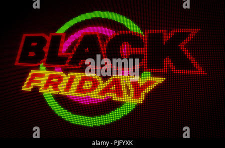 Black Friday sales Glühlampen Banner. Moderne neon Anschlagtafel auf LED-Display. Werbung für saisonale Angebot Konzept. Stockfoto