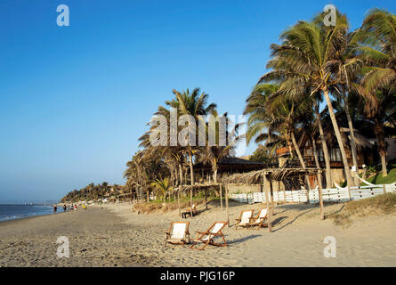 Liegestühle und Palmen entlang des breiten, feinsandigen Strand in der Nähe von Vichayito Mancora Strand Stadt, Region Piura, Peru. Aug 2018 Stockfoto