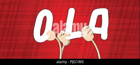 Diverse Hände, die Buchstaben des Alphabets erstellt das Wort Ola (Hallo in Portugiesisch). Vector Illustration. Stock Vektor