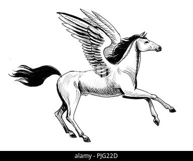 White Pegasus. Tinte schwarz und weiß Abbildung: Stockfoto