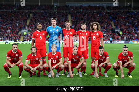 Wales Team Group, (nach rechts) Obere Reihe von links: Ashley Williams, Torwart Wayne Hennessey, Chris Mepham, Ben Davies und Ethan Ampadu. Untere Zeile: Aaron Ramsey, Joe Allen, David Brooks, Connor Roberts, Tom Lawrence und Gareth Bale Stockfoto