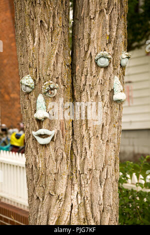 Gesicht Art Skulptur an Bäumen in Michigan auf Mackinac Island. Stockfoto