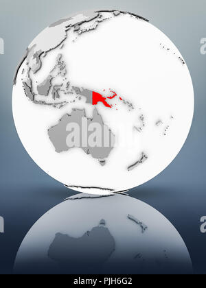 Papua Neuguinea auf einfachen grauen Kugel auf glänzende Oberfläche. 3D-Darstellung. Stockfoto