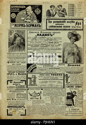 Seite der russischen Zeitung Niva für 1906 mit Ads Stockfoto