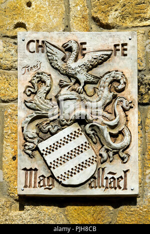 Wappen an der Geburtsstätte von Ferdinand Magellan, Fernão de Magalhães, Sabrosa, Portugal Stockfoto