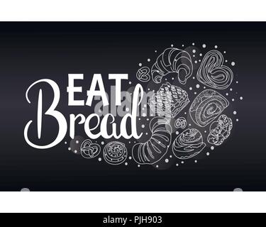 Dekor für einen Shop oder Café mit Gebäck, Brot, backen. Bäckerei, Brot, Haus, handschriftliche Illustration mit Schriftzug. Schild, Vektor Stock Vektor