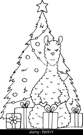 Monochrome handgezeichnete Lama mit Geschenke unter dem Weihnachtsbaum. Stock Vektor