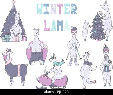 Von Hand gezeichnet von niedlichen bunten Winter Lamas. Stock Vektor