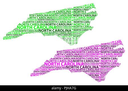 Skizze North Carolina (Vereinigte Staaten von Amerika) schreiben Text Karte, North Carolina Karte - in der Form des Kontinents, Karte North Carolina - grün und p Stock Vektor