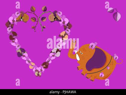 Spaß Orange Elephant tragen ein Gürtel mit Orchideen und ein Herz aus Blumen auf rosa Hintergrund. Für die Begrüßung, romantische Karten, Einladungen. Stock Vektor