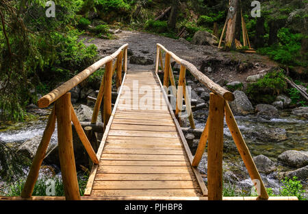 Hölzerne Brücke über einen Fluss. Close-up. Stockfoto