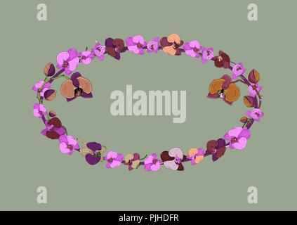 Florale Ovaler Rahmen der Orchidee Blumen und Blüten sowie deren Knospen, auf grünem Hintergrund mit Kopie Raum. Romantisches Design, Hochzeit Ansagen, Grußkarten, Poster, Adv Stock Vektor