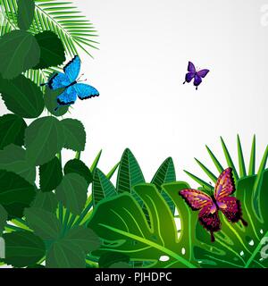Tropische Blätter mit Schmetterlingen. Floral Design Hintergrund. Stock Vektor